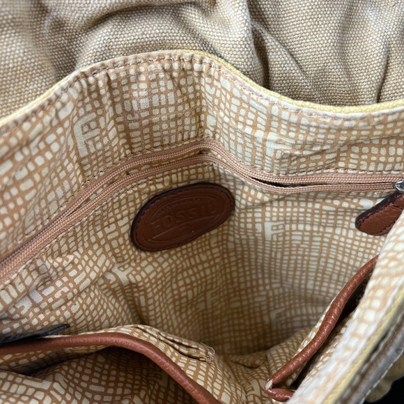 Fossil Yellow Canvas Crossbody Messenger Bag Leather Trim Buckle Flap Organizer - Picture 10 of 14